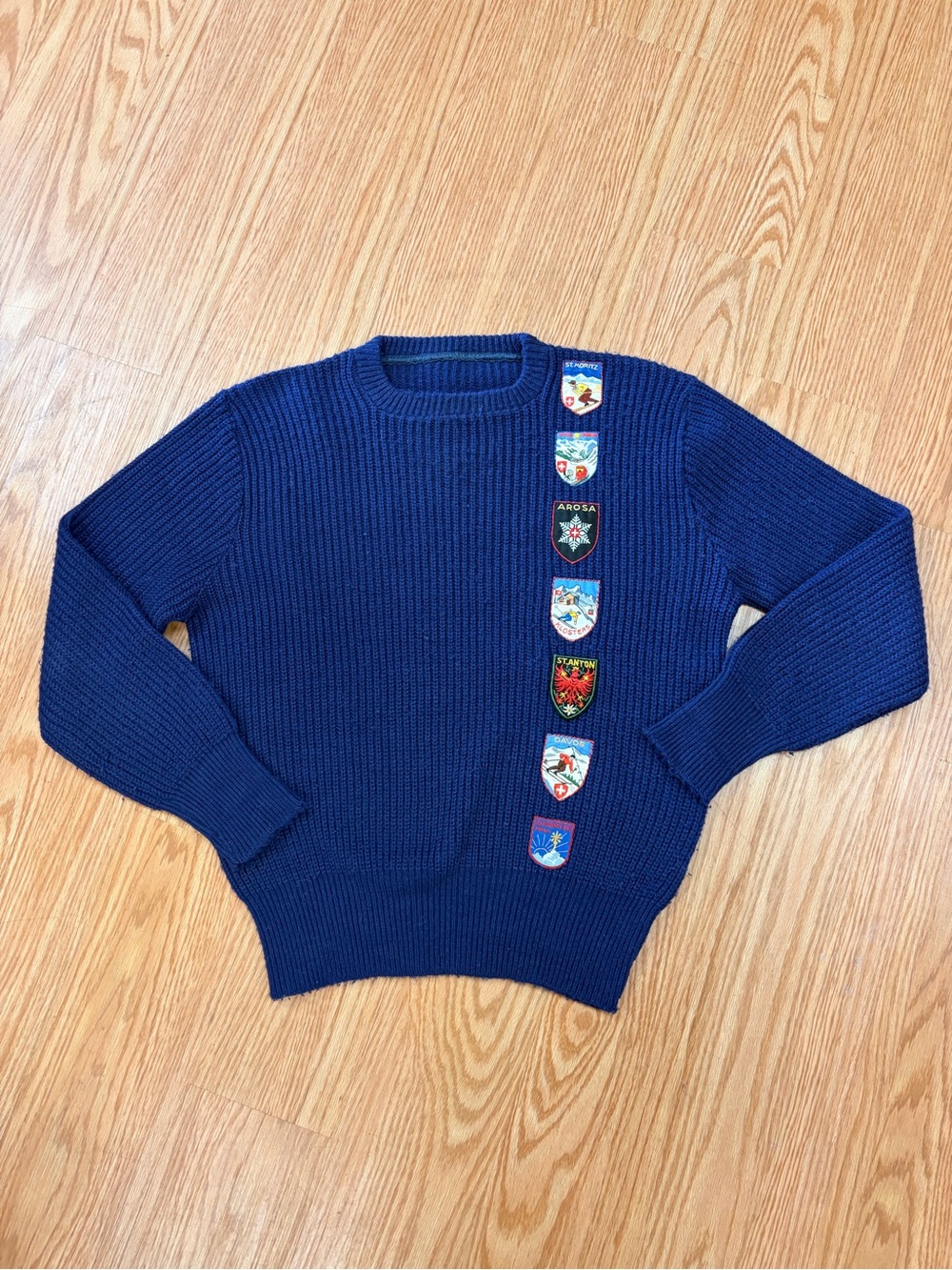 Vintage Hand Knit Men's Navy Crewneck Sweater with Crest Patch Accents